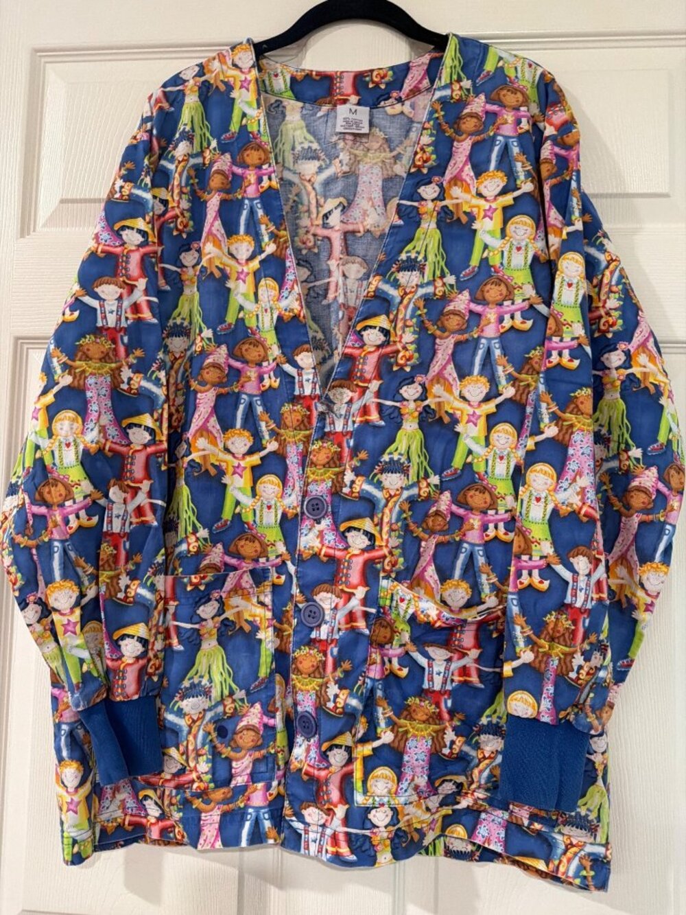 Scrub Top Unisex With Multicolor Cartoon People Print Button-Up Front Medium Siz